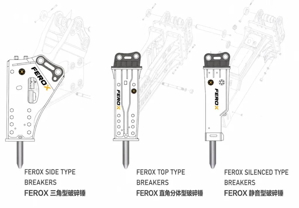FEROX hydraulic breaker types including side type, top type, and silenced type breakers for excavators