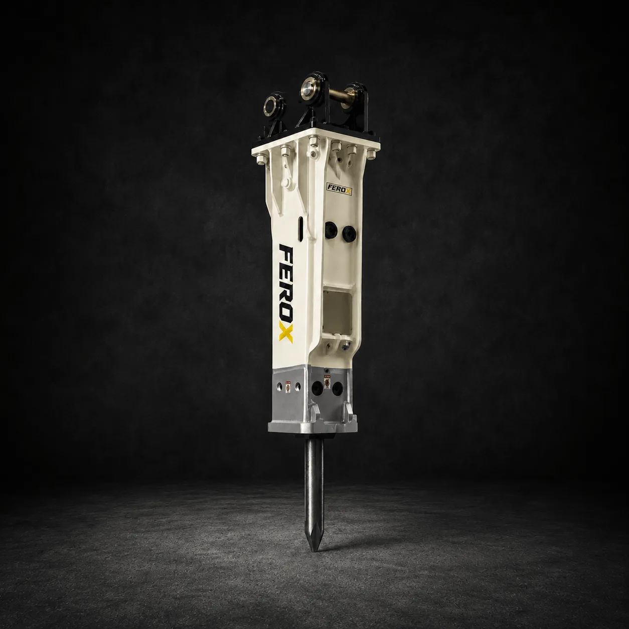 FEROX SOOSAN silenced hydraulic breaker on a black studio background.