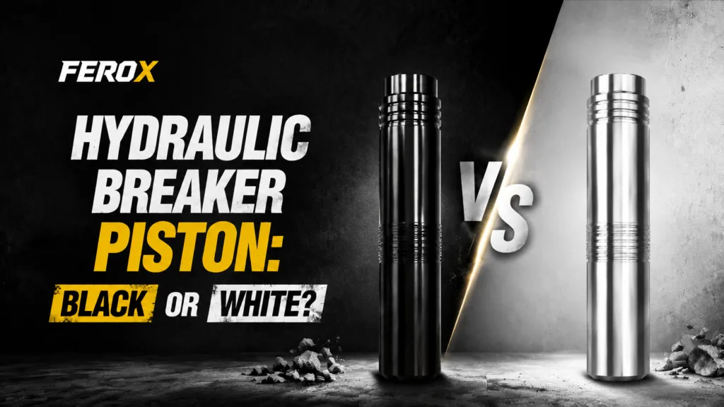 Hydraulic breaker piston comparison showing black and white pistons for excavator hydraulic breakers by FEROX