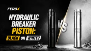 Hydraulic breaker piston comparison showing black and white pistons for excavator hydraulic breakers by FEROX