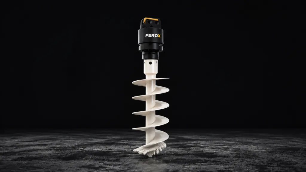 Hydraulic auger drill attachment for excavators with high strength earth drilling bit by FEROX