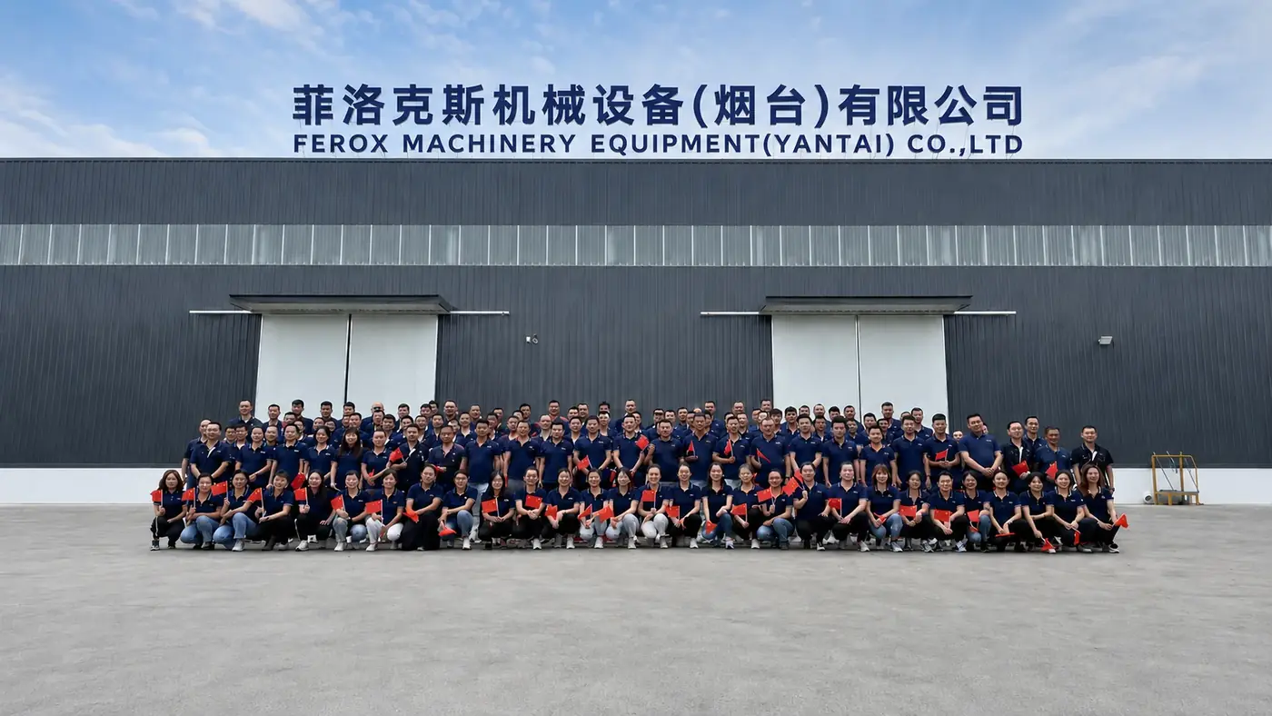 FEROX team photo outside the hydraulic breaker factory