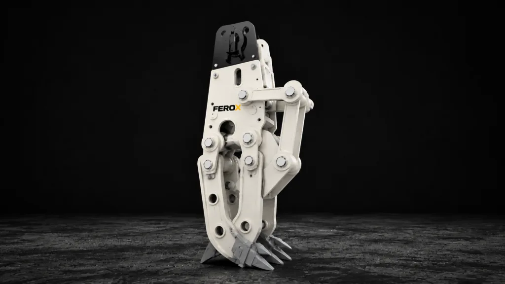 White hydraulic mechanical grapple attachment for excavator wood handling, scrap processing and heavy-duty material loading operations