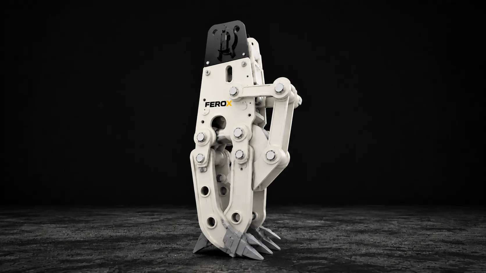 White hydraulic mechanical grapple attachment for excavator wood handling, scrap processing and heavy-duty material loading operations