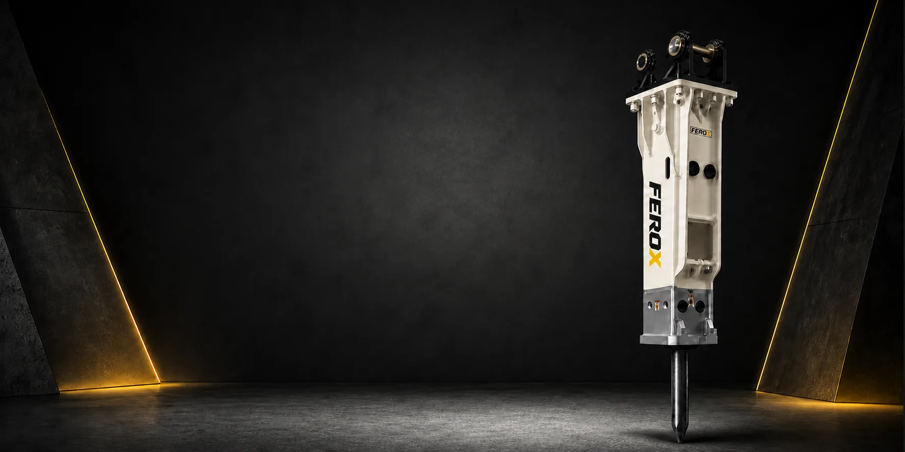 FEROX hydraulic breaker for excavators in a black and yellow industrial setting
