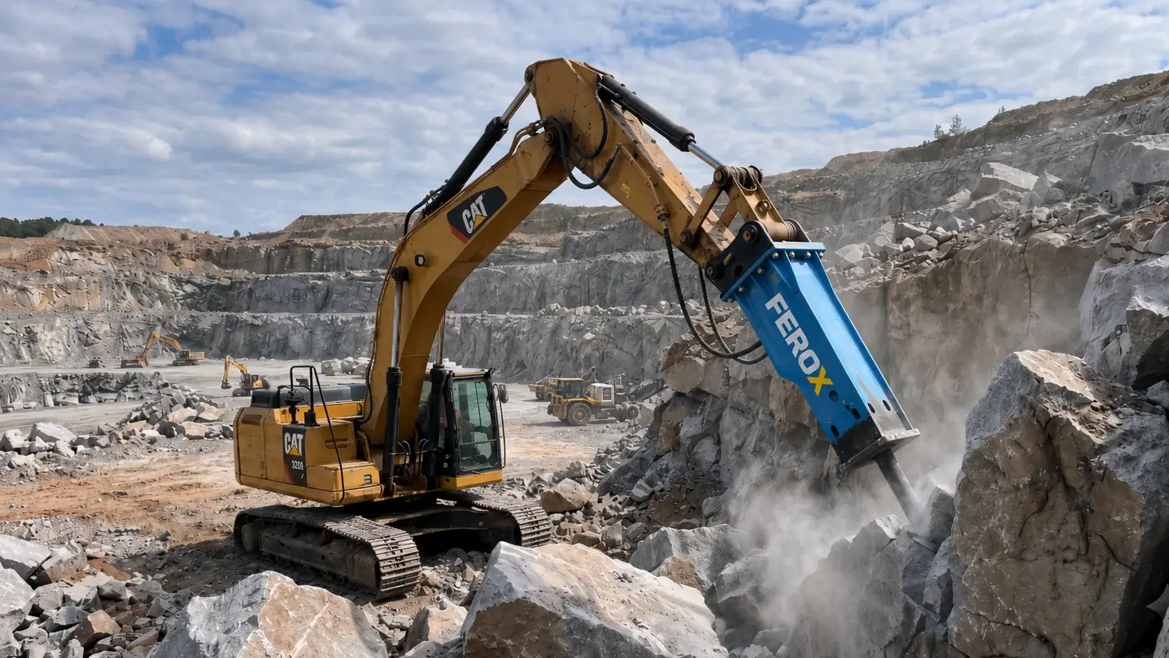 FEROX hydraulic breaker breaking quarry rock with an excavator