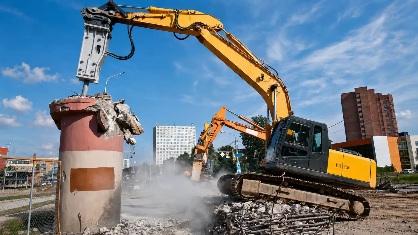 Hydraulic breaker demolishing concrete structure with an excavator
