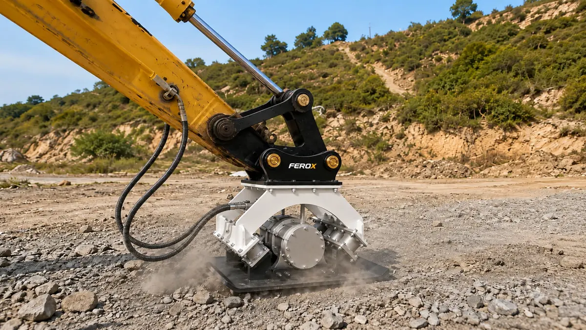Hydraulic plate compactor compacting soil with an excavator