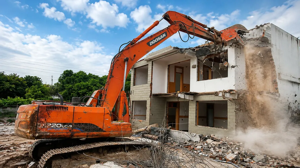 Hydraulic pulverizer crushing concrete during building demolition