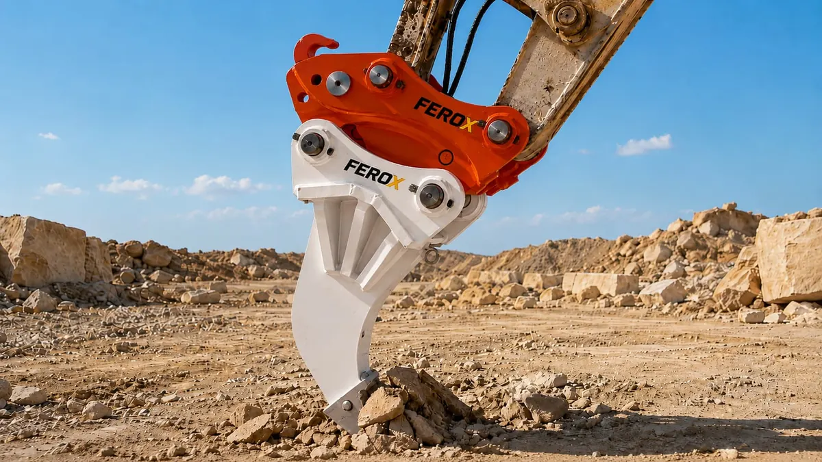 Excavator ripper loosening hard soil and rock