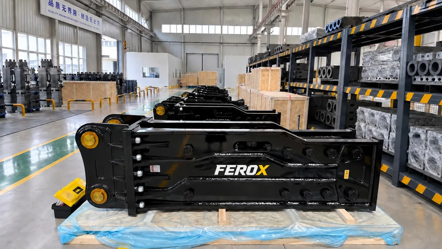 Soosan silenced type hydraulic breaker actual photo with FEROX branding in workshop