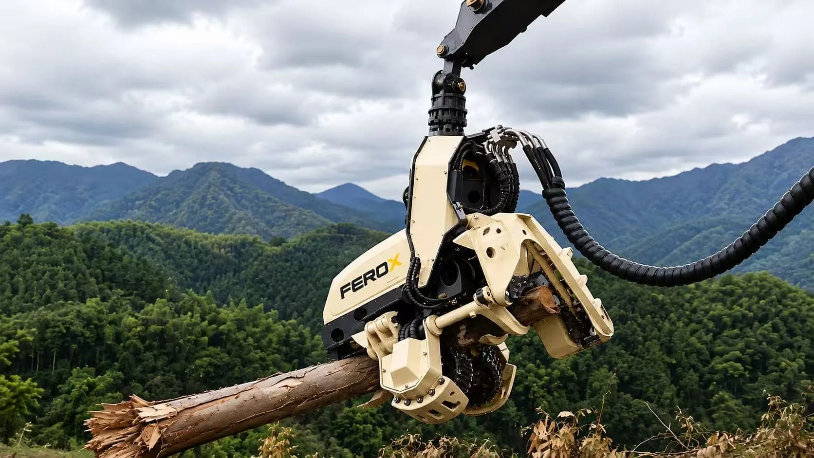 FEROX harvester head cutting timber in a mountain forestry application