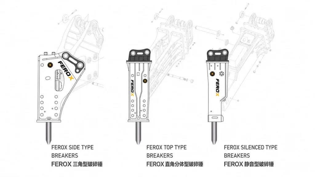 FEROX side type, top type, and silenced hydraulic breakers