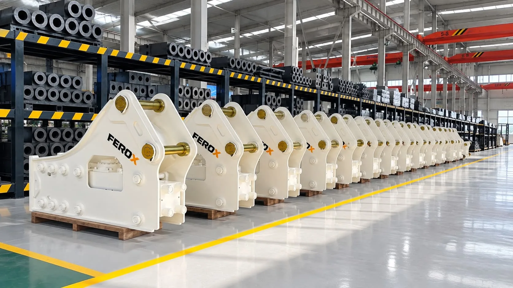 FEROX hydraulic breaker factory production workshop with breaker attachments lined up