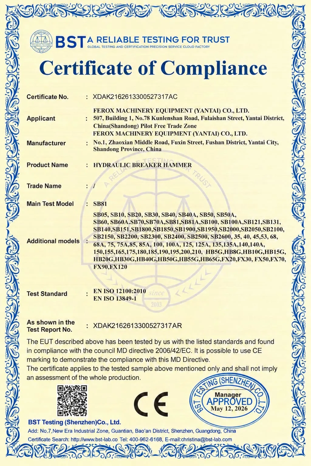 FEROX EN ISO 12100 CE certificate